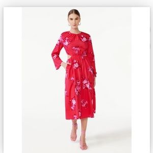 Scoop Women's Side Cut Out Midi Dress with Long Sleeves - Floral Stunner